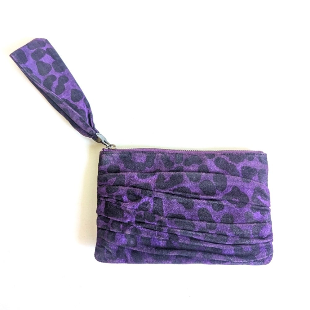 Henri Bendel Suede Cheetah Print Wristlet Pouch Case 💜 Purple & Black Vintage
